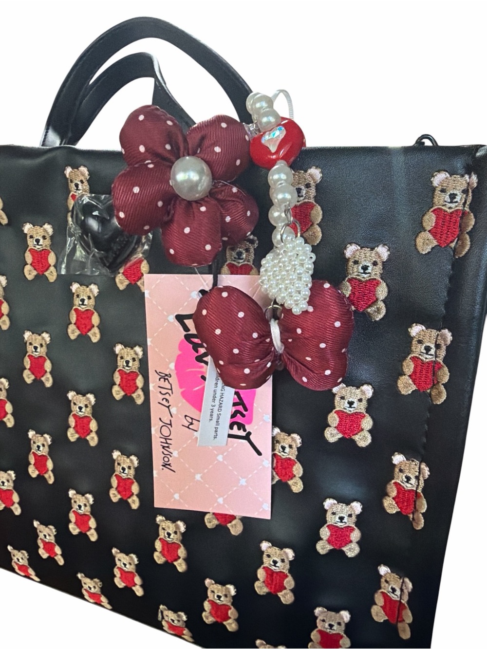 Luv Betsey Johnson Embroidered Teddy Bear Hearts Satchel Crossbody Bag Black Red - Picture 9 of 10